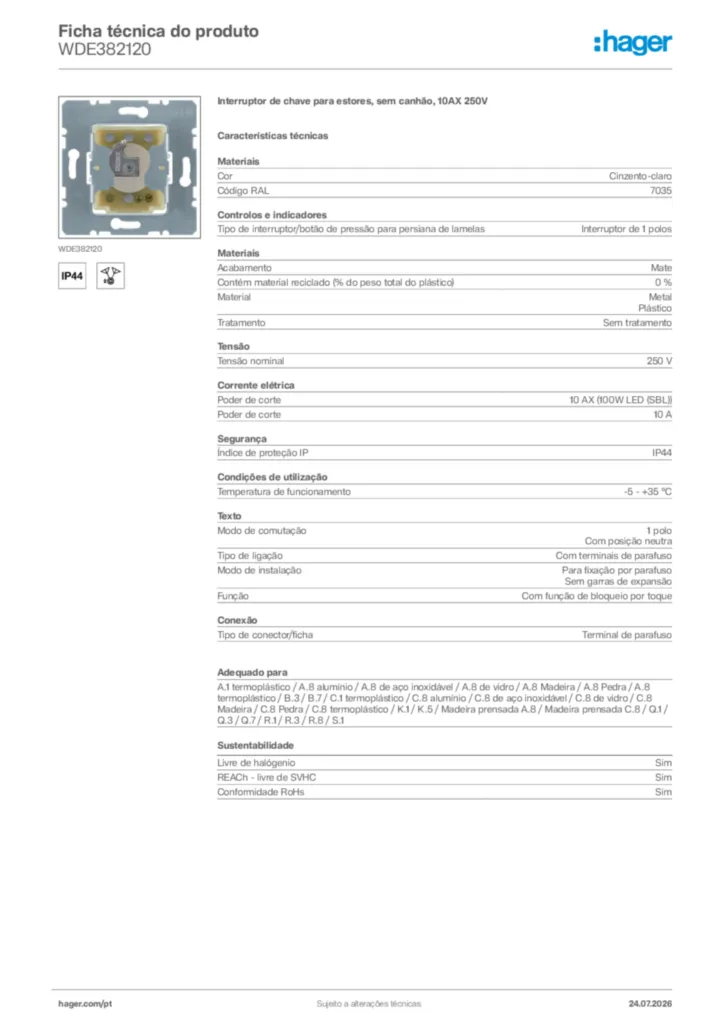 Imagem Hager Ficha técnica do produto WDE382120 | Hager Portugal