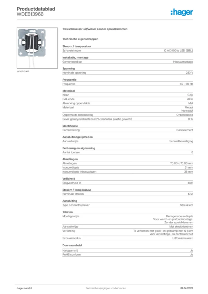 Afbeelding Hager Productdatablad WDE613966 | Hager Nederland