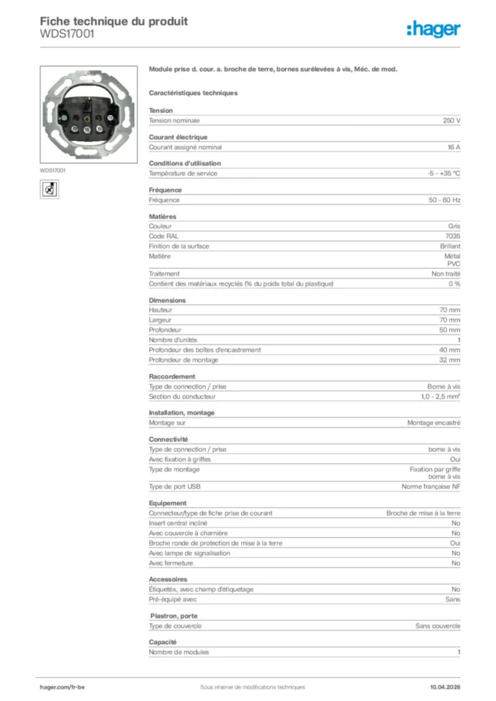 Image Hager Fiche technique du produit WDS17001 | Hager Belgique