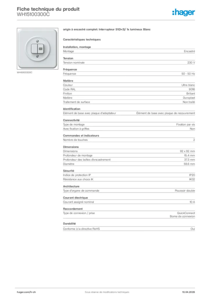 Image Hager Fiche technique du produit WH15100300C | Hager Suisse