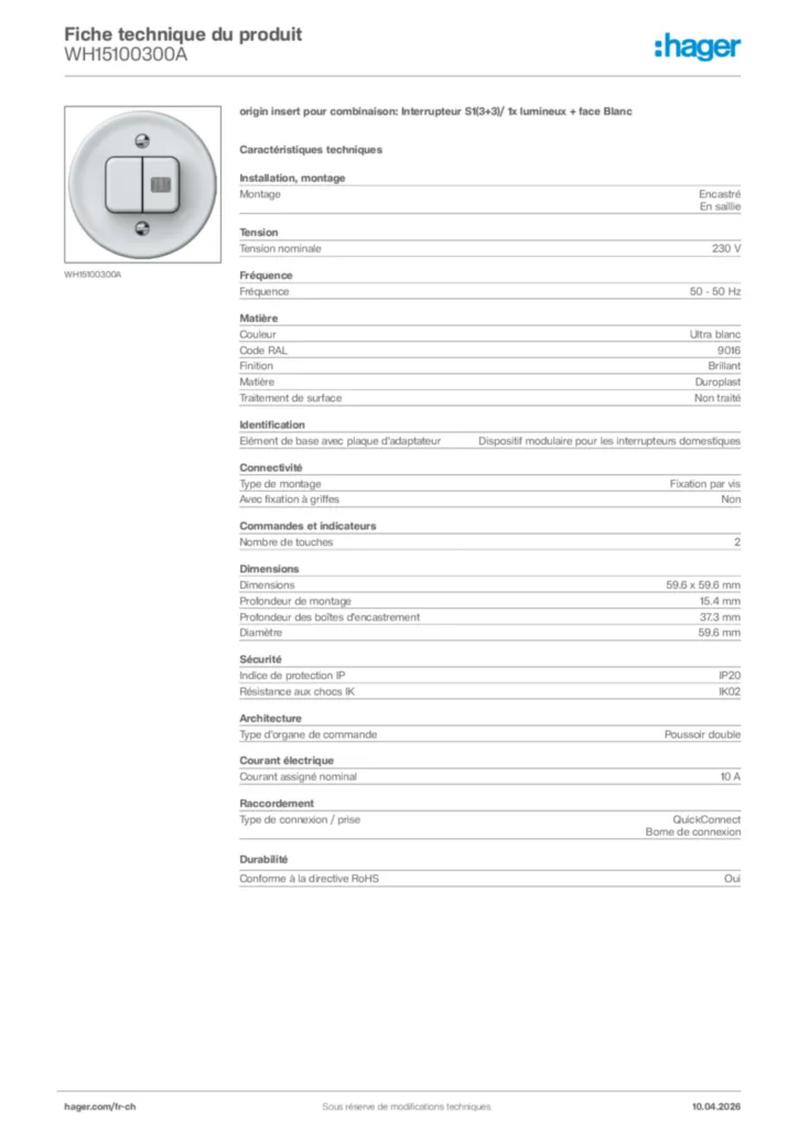 Image Hager Fiche technique du produit WH15100300A | Hager Suisse