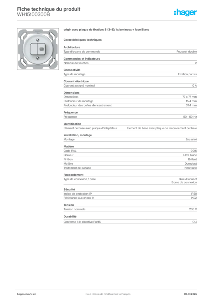 Image Hager Fiche technique du produit WH15100300B | Hager Suisse