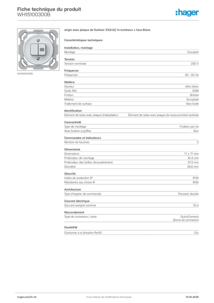 Image Hager Fiche technique du produit WH15100300B | Hager Suisse