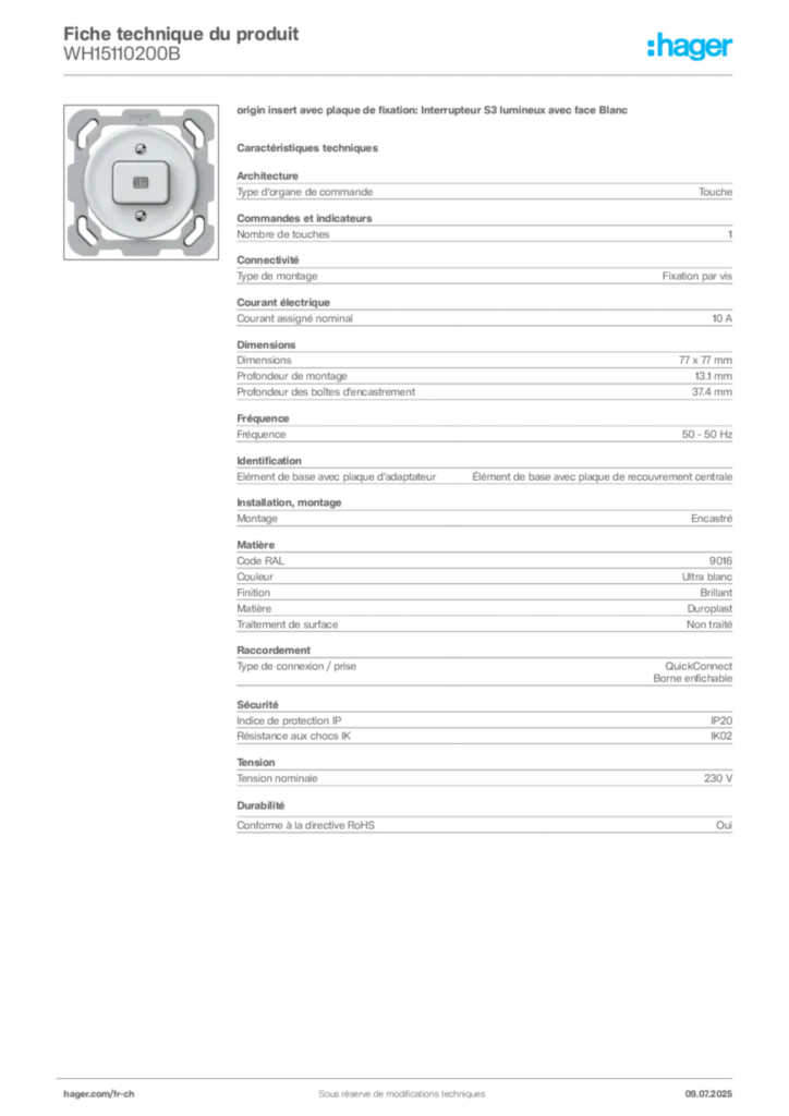 Image Hager Fiche technique du produit WH15110200B | Hager Suisse