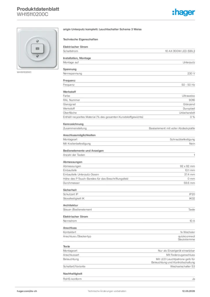 Bild Hager Produktdatenblatt WH15110200C | Hager Schweiz