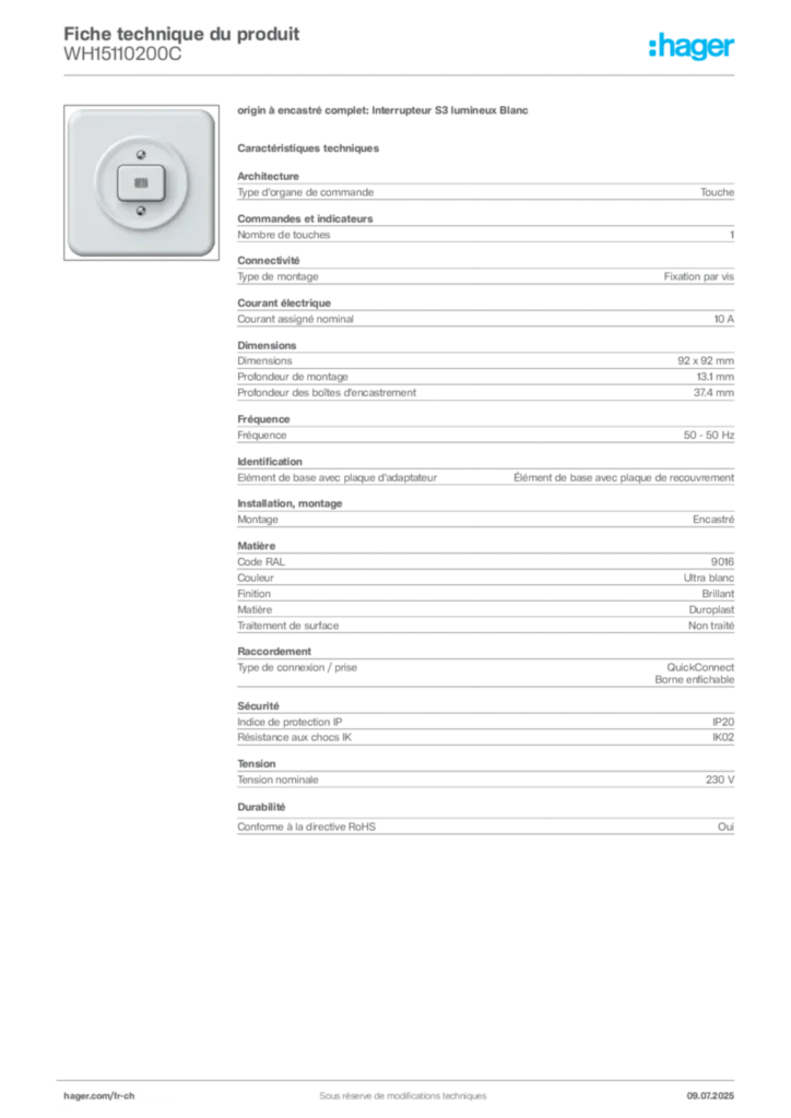 Image Hager Fiche technique du produit WH15110200C | Hager Suisse