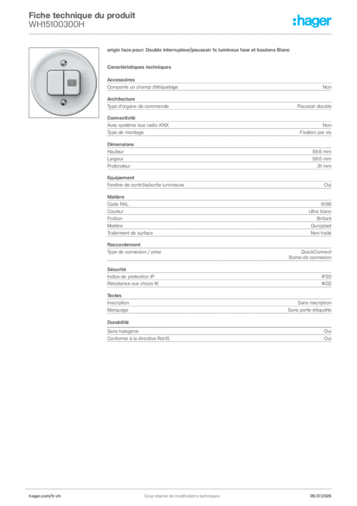 Image Hager Fiche technique du produit WH15100300H | Hager Suisse