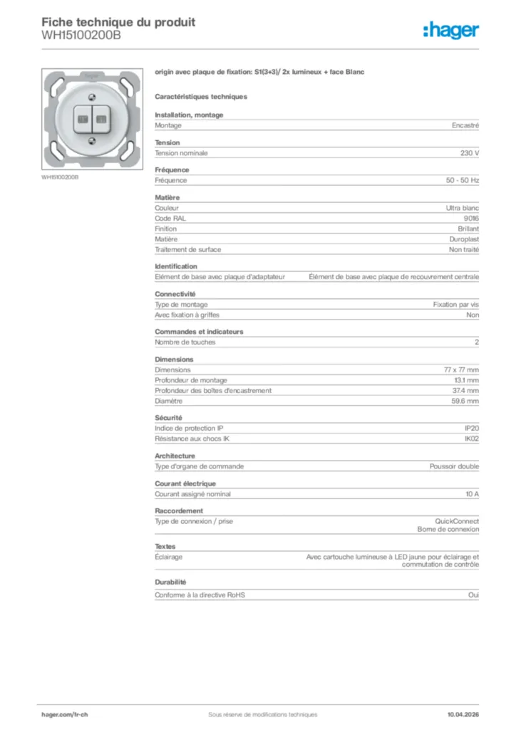 Image Hager Fiche technique du produit WH15100200B | Hager Suisse