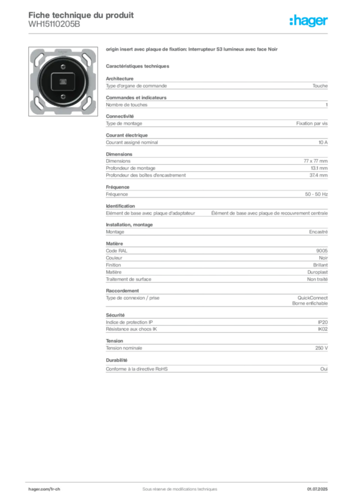 Image Hager Fiche technique du produit WH15110205B | Hager Suisse
