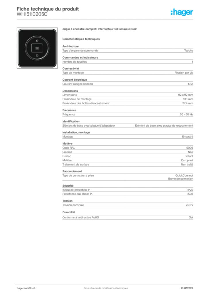 Image Hager Fiche technique du produit WH15110205C | Hager Suisse