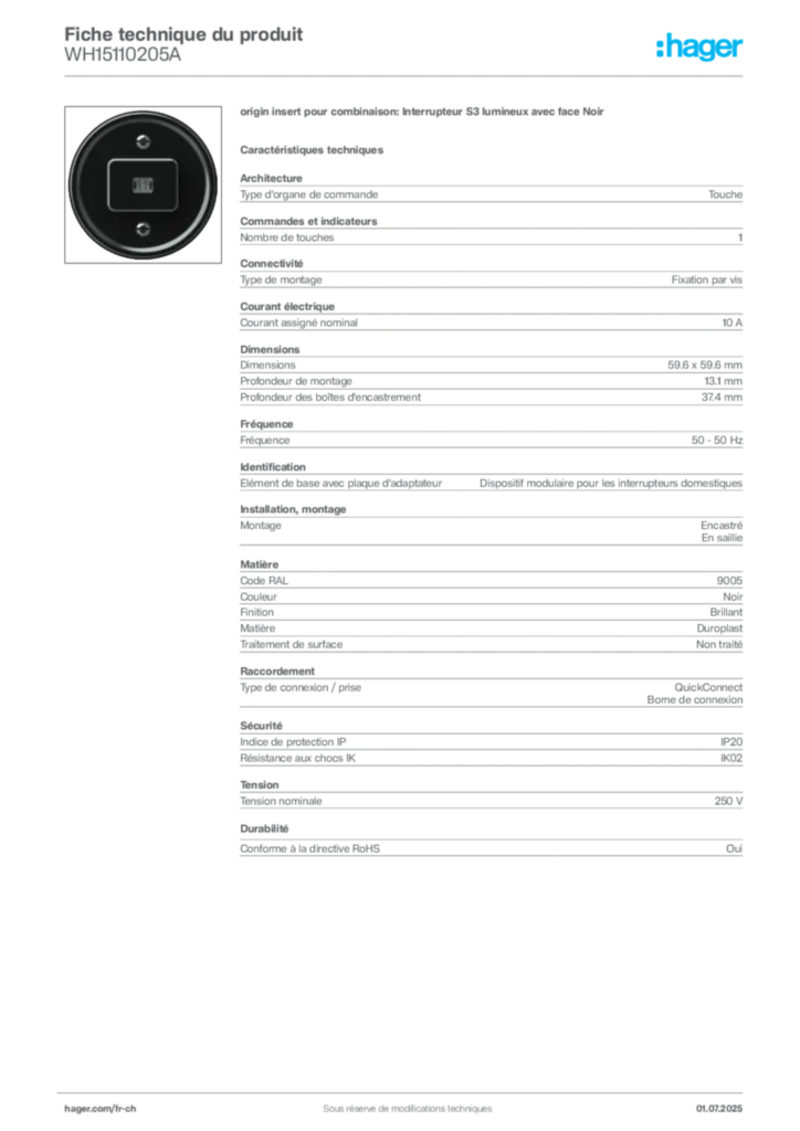 Image Hager Fiche technique du produit WH15110205A | Hager Suisse