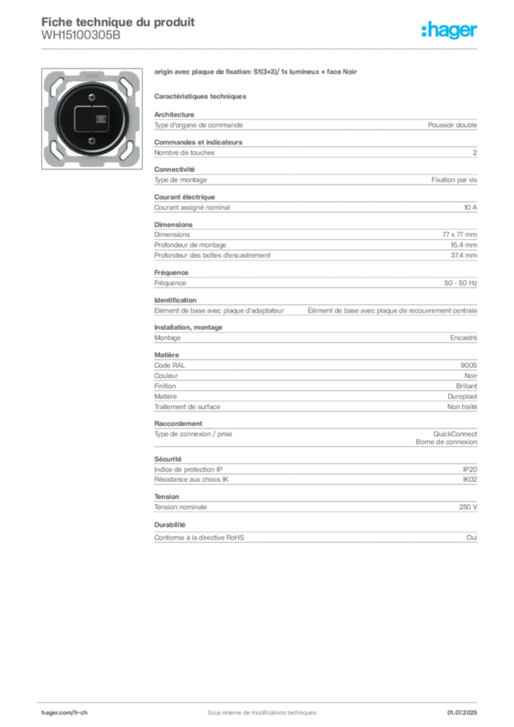 Image Hager Fiche technique du produit WH15100305B | Hager Suisse