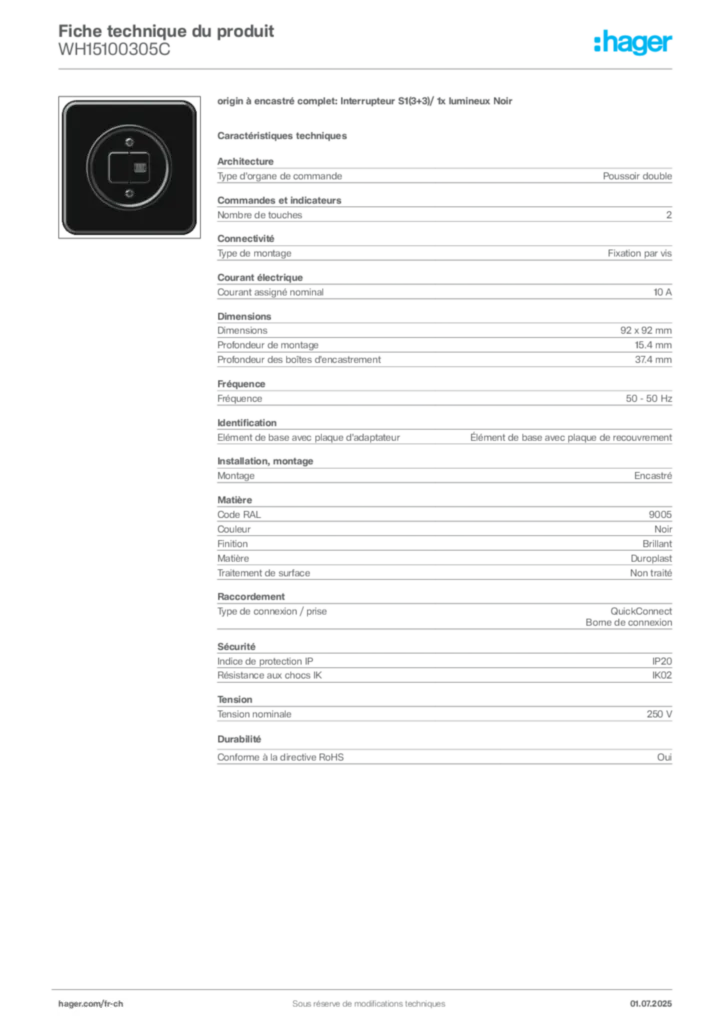 Image Hager Fiche technique du produit WH15100305C | Hager Suisse