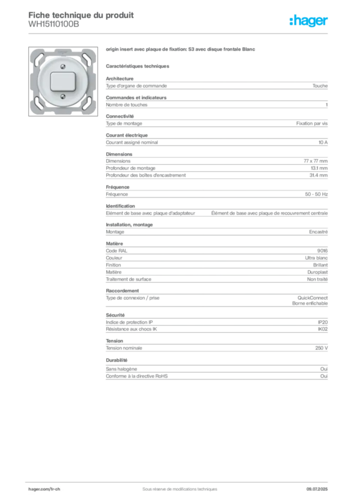 Image Hager Fiche technique du produit WH15110100B | Hager Suisse