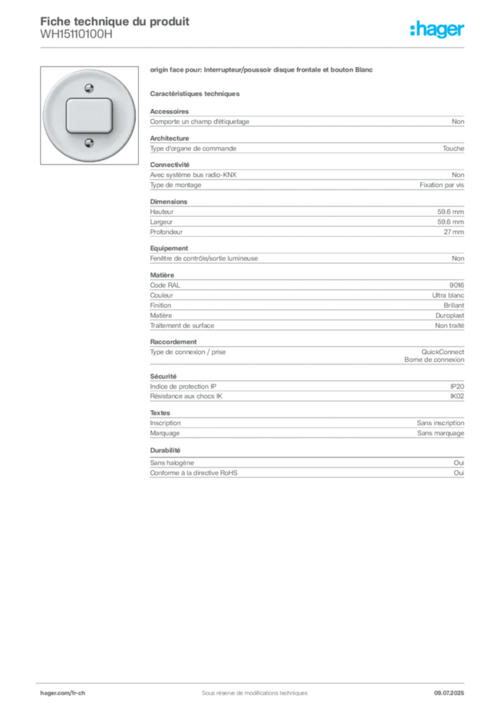 Image Hager Fiche technique du produit WH15110100H | Hager Suisse