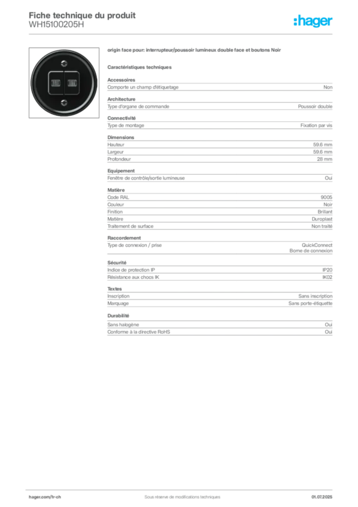 Image Hager Fiche technique du produit WH15100205H | Hager Suisse