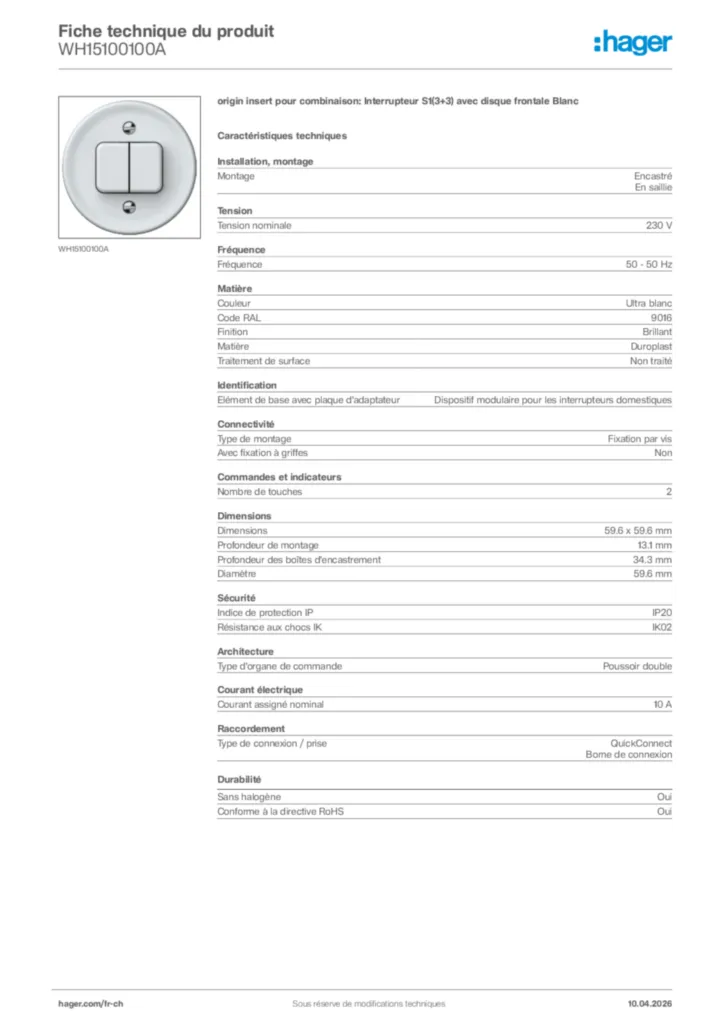 Image Hager Fiche technique du produit WH15100100A | Hager Suisse