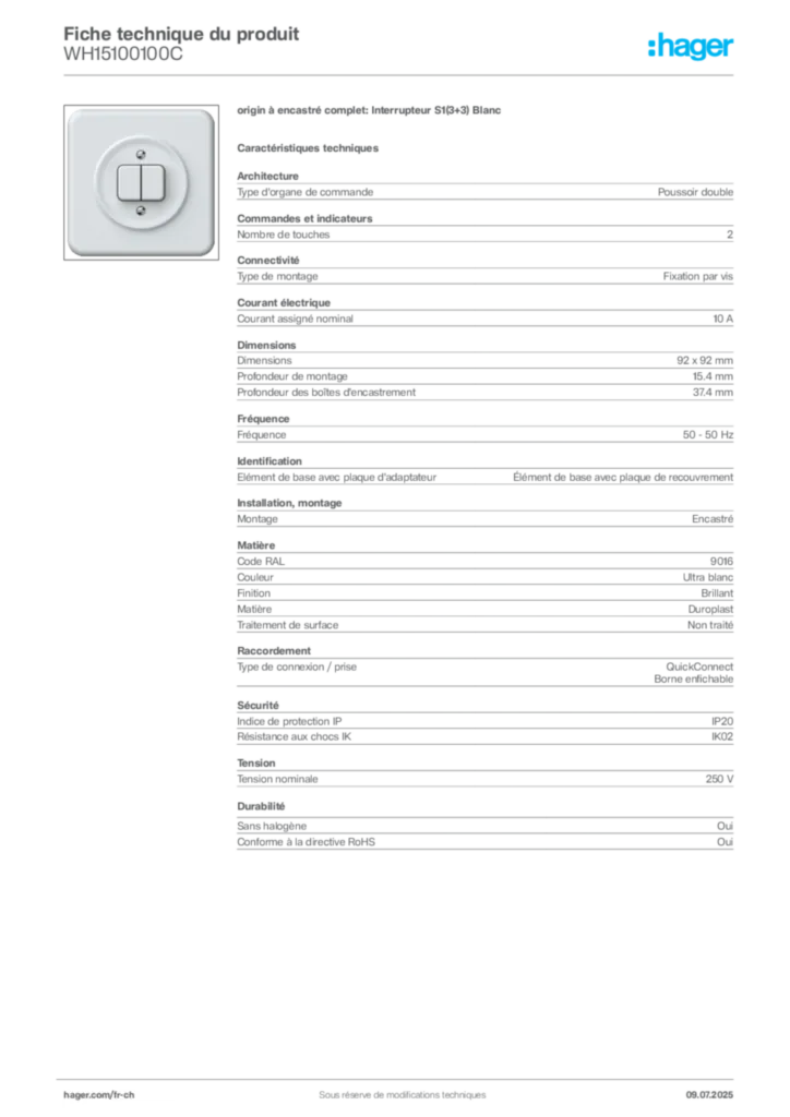 Image Hager Fiche technique du produit WH15100100C | Hager Suisse