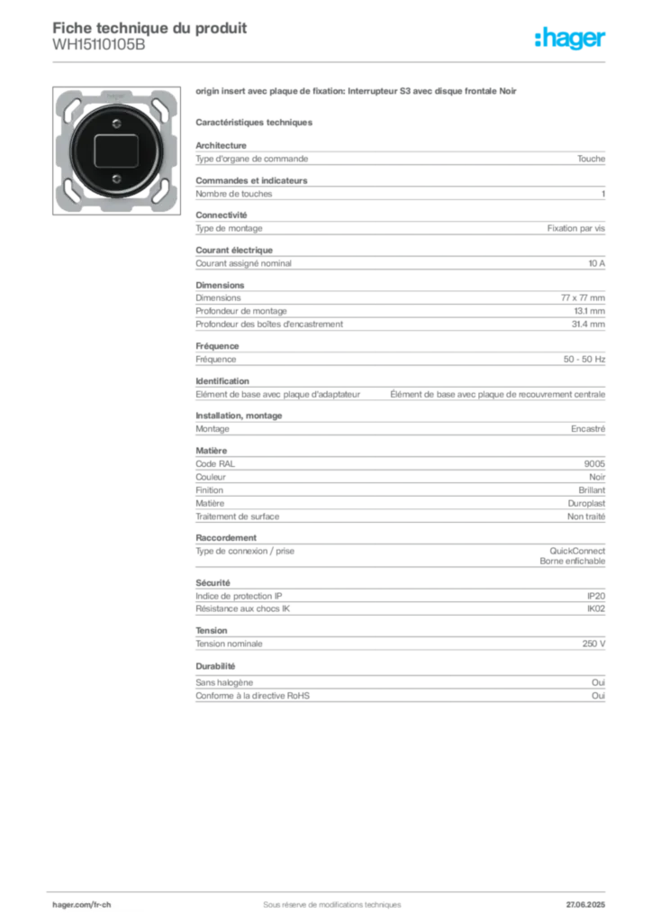 Image Hager Fiche technique du produit WH15110105B | Hager Suisse