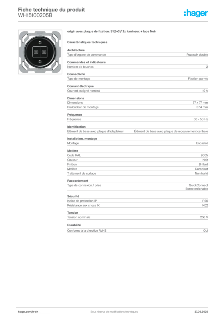 Image Hager Fiche technique du produit WH15100205B | Hager Suisse