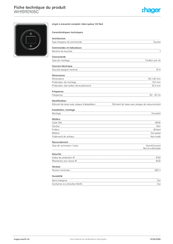 Image Hager Fiche technique du produit WH15110105C | Hager Suisse