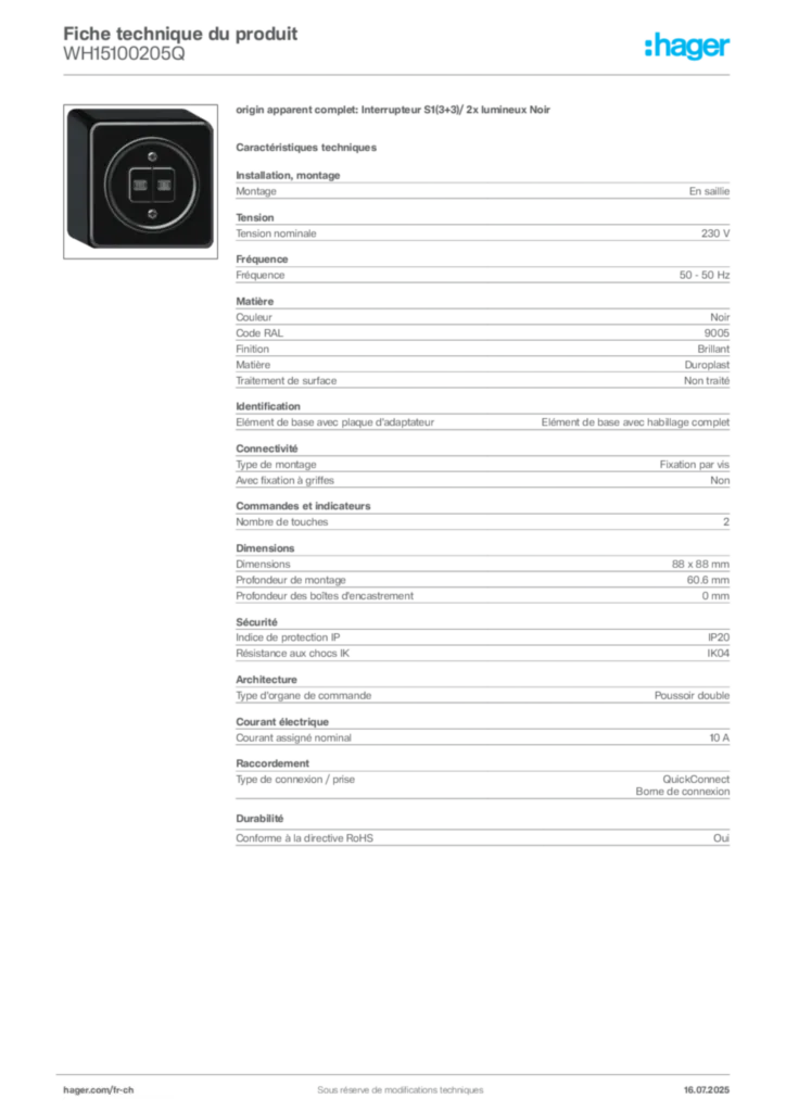 Image Hager Fiche technique du produit WH15100205Q | Hager Suisse