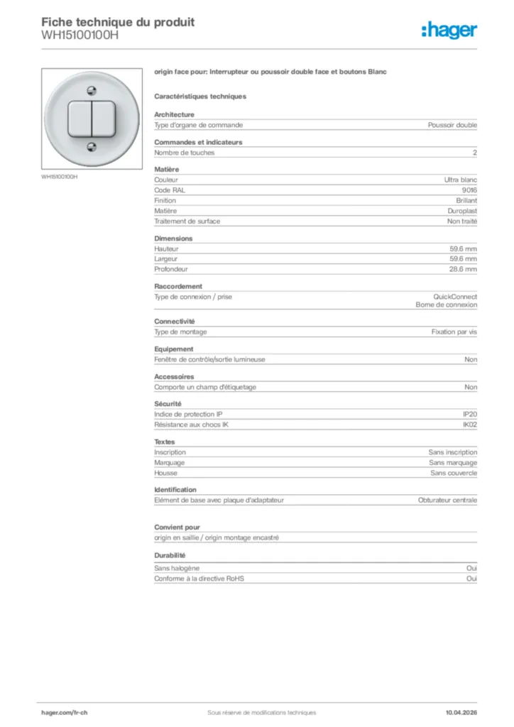 Image Hager Fiche technique du produit WH15100100H | Hager Suisse