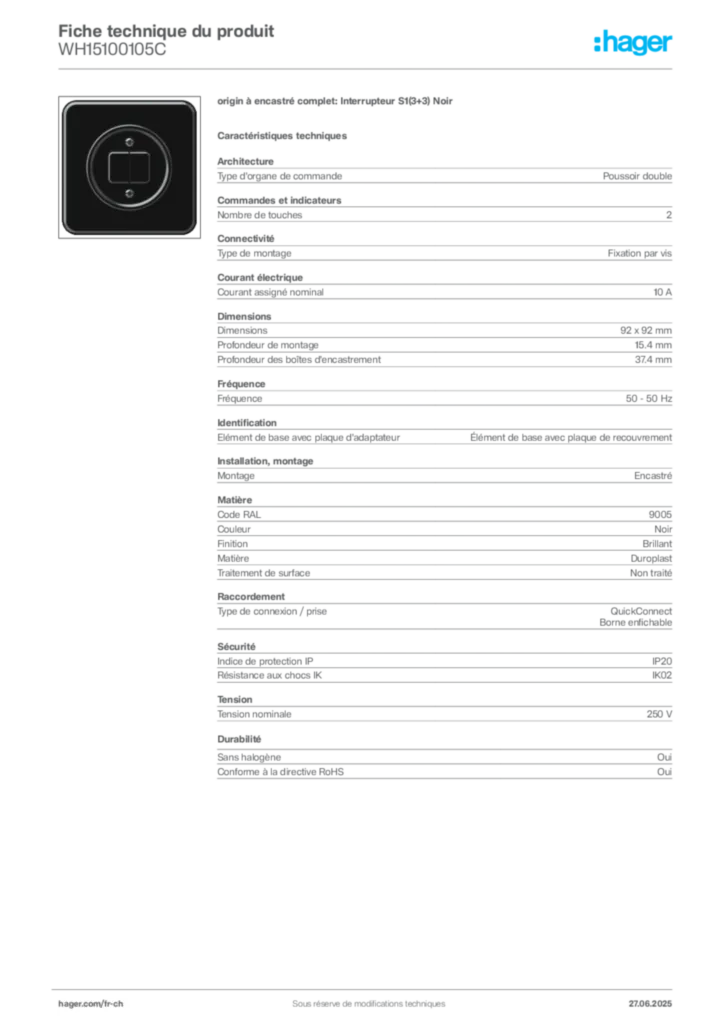 Image Hager Fiche technique du produit WH15100105C | Hager Suisse
