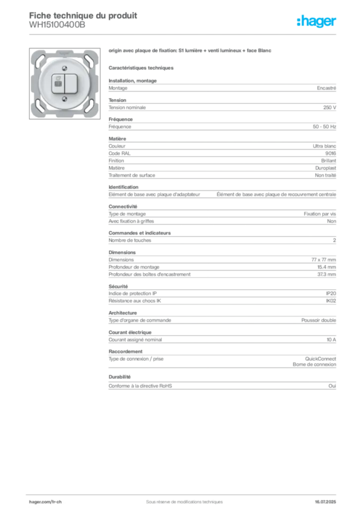 Image Hager Fiche technique du produit WH15100400B | Hager Suisse
