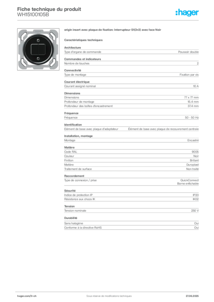 Image Hager Fiche technique du produit WH15100105B | Hager Suisse