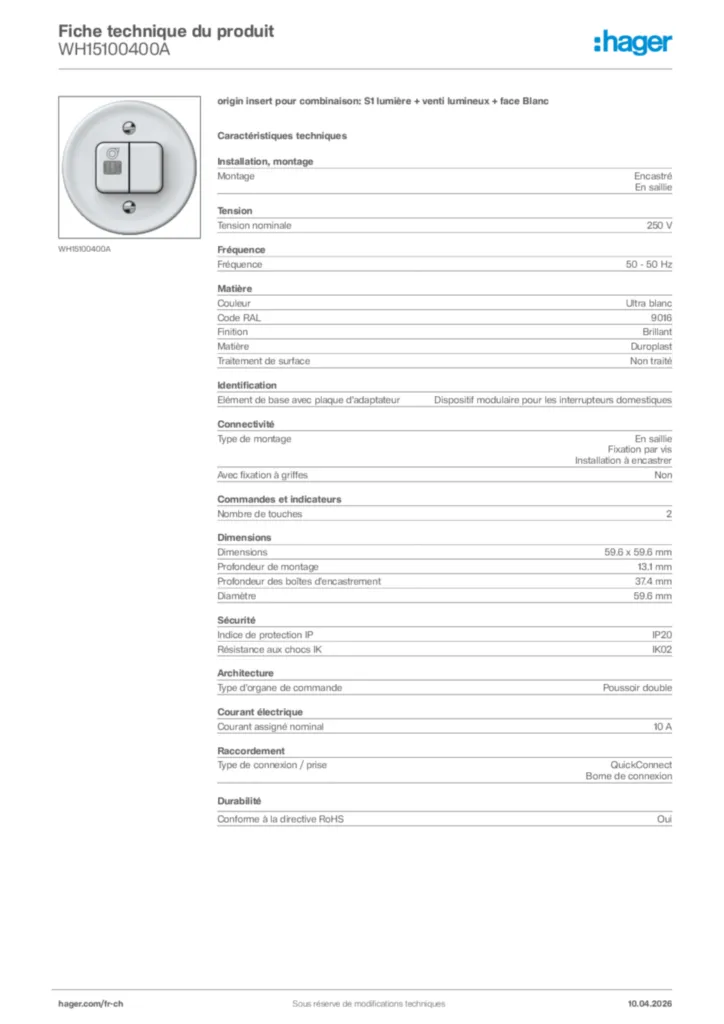 Image Hager Fiche technique du produit WH15100400A | Hager Suisse