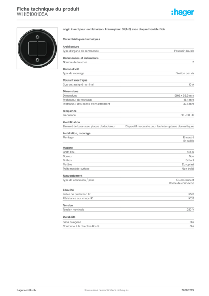 Image Hager Fiche technique du produit WH15100105A | Hager Suisse