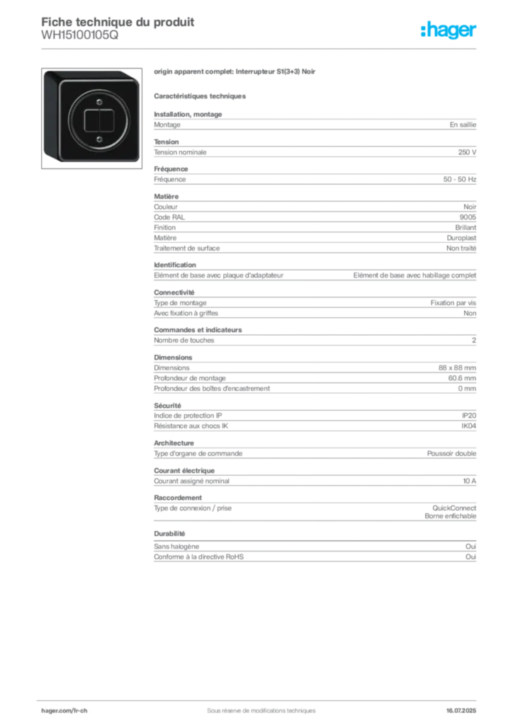 Image Hager Fiche technique du produit WH15100105Q | Hager Suisse