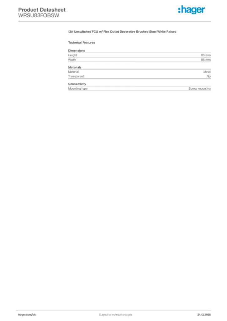 Image Hager Product data sheet WRSU83FOBSW  | Hager