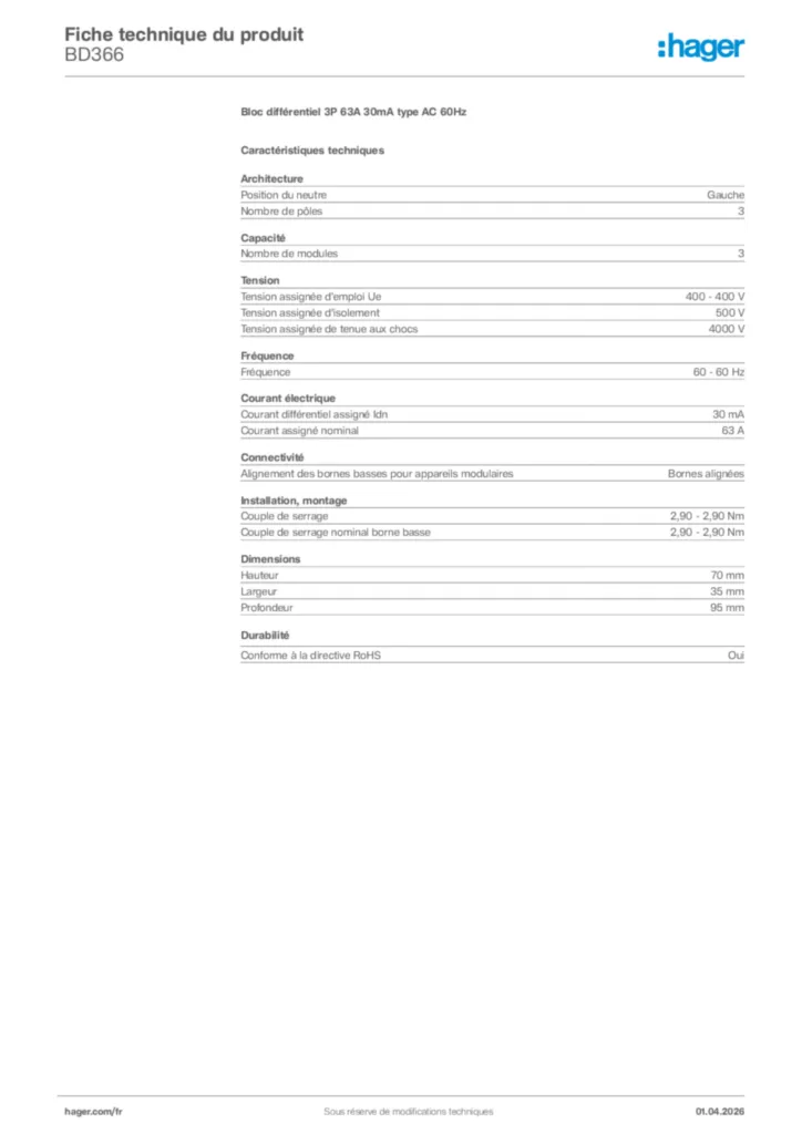 Image Hager Fiche technique du produit BD366 | Hager France