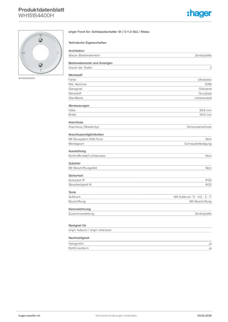 Bild Hager Produktdatenblatt WH15184400H | Hager Schweiz