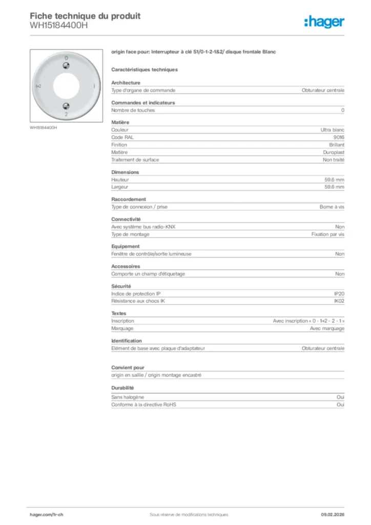 Image Hager Fiche technique du produit WH15184400H | Hager Suisse