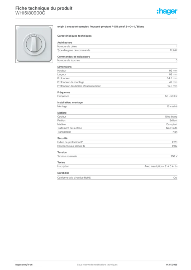 Image Hager Fiche technique du produit WH15180900C | Hager Suisse