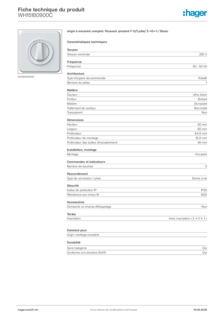 Image Hager Fiche technique du produit WH15180900C | Hager Suisse