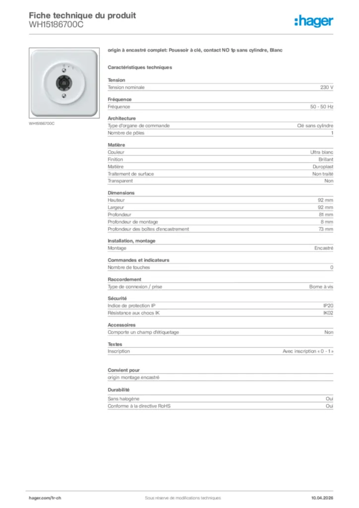 Image Hager Fiche technique du produit WH15186700C | Hager Suisse