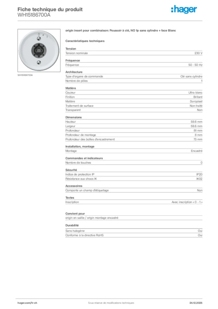 Image Hager Fiche technique du produit WH15186700A | Hager Suisse