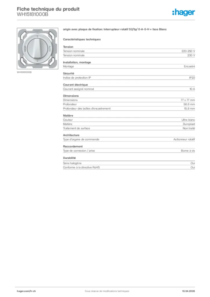 Image Hager Fiche technique du produit WH15181000B | Hager Suisse