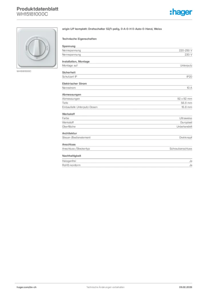 Bild Hager Produktdatenblatt WH15181000C | Hager Schweiz
