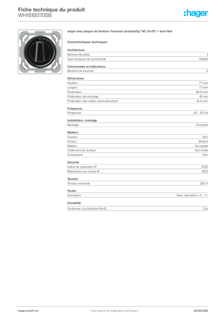 Image Hager Fiche technique du produit WH15180705B | Hager Suisse