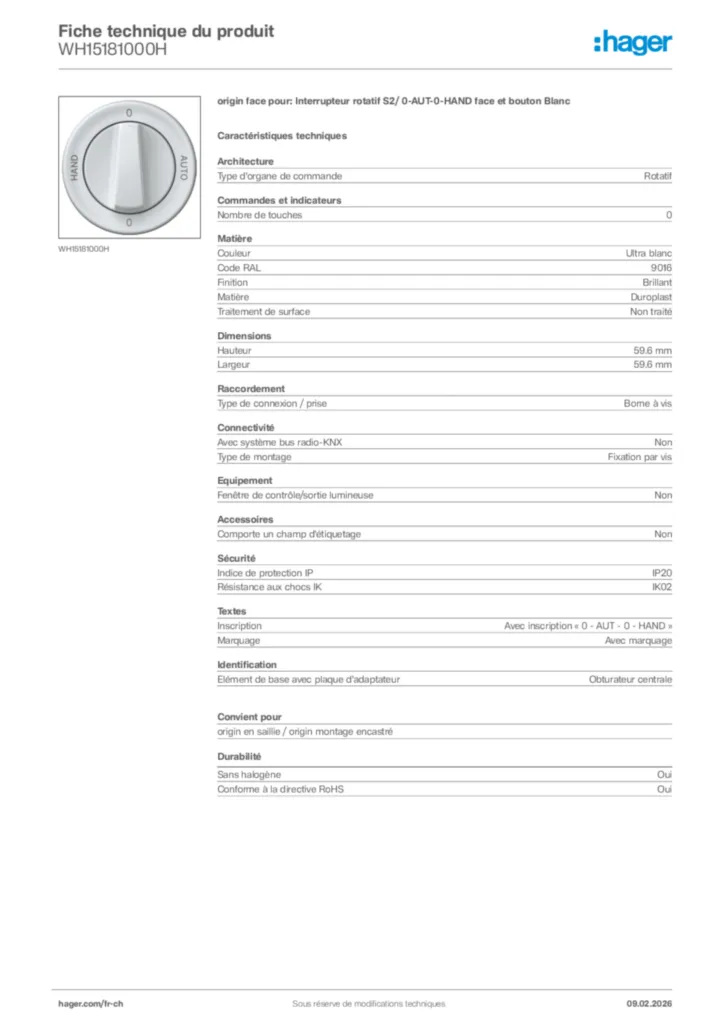 Image Hager Fiche technique du produit WH15181000H | Hager Suisse