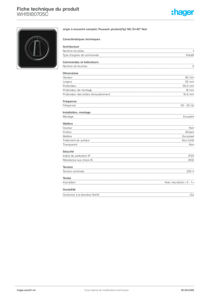 Image Hager Fiche technique du produit WH15180705C | Hager Suisse