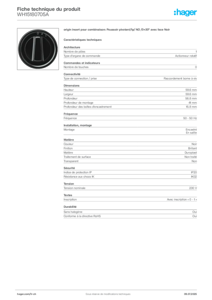 Image Hager Fiche technique du produit WH15180705A | Hager Suisse