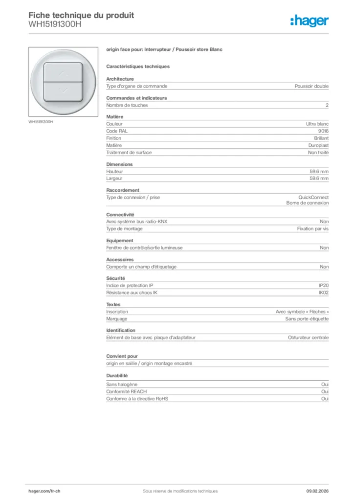 Image Hager Fiche technique du produit WH15191300H | Hager Suisse