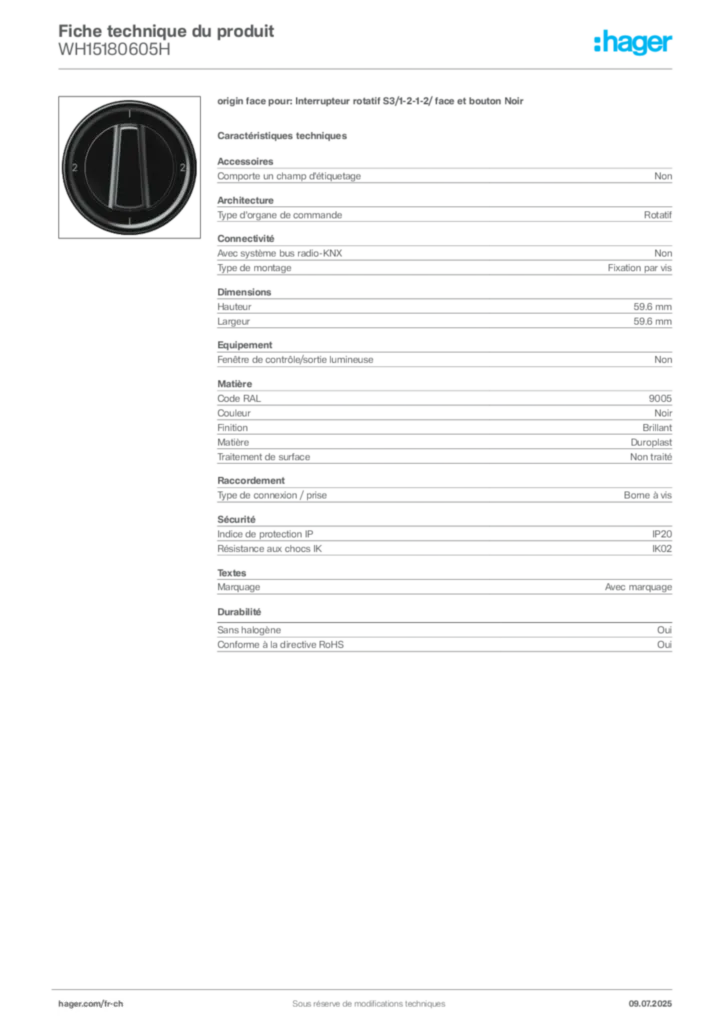 Image Hager Fiche technique du produit WH15180605H | Hager Suisse