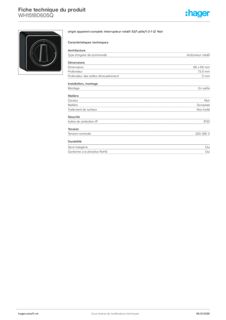 Image Hager Fiche technique du produit WH15180605Q | Hager Suisse